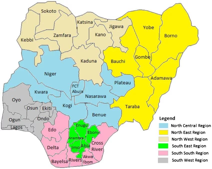 Peta nigeria menunjukkan geopolitik zon