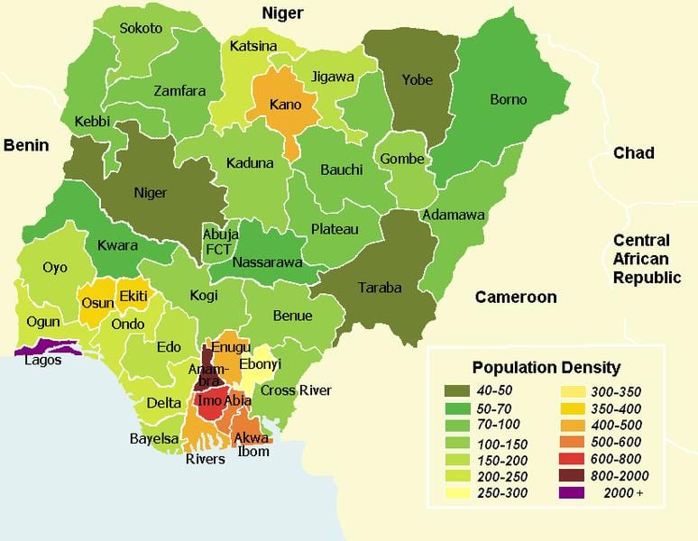 Peta nigeria menunjukkan penduduk pengedaran