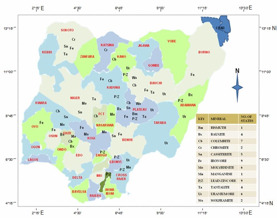 Peta nigeria menunjukkan sumber mineral